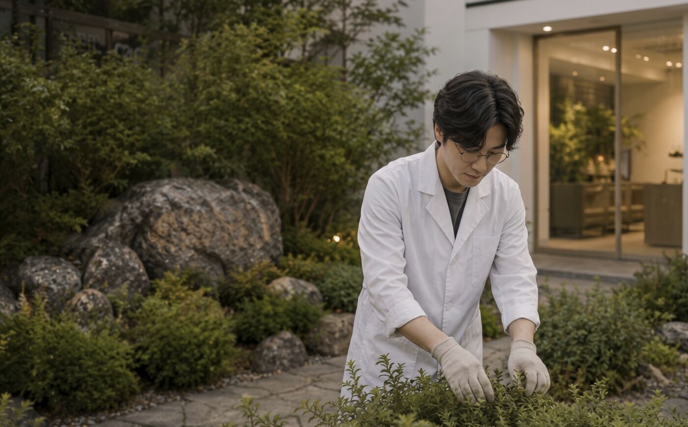 약국 앞 정원을 돌보는 약사