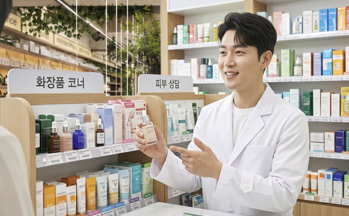 약사가 피부에 맞는 제품을 추천하는 모습