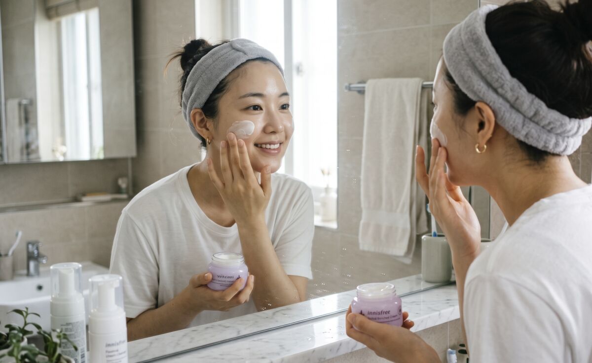 거울을 보며 크림을 바르는 사람